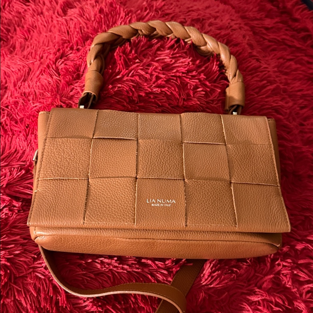 Lia Numa Tan Woven Leather Crossbody Bag